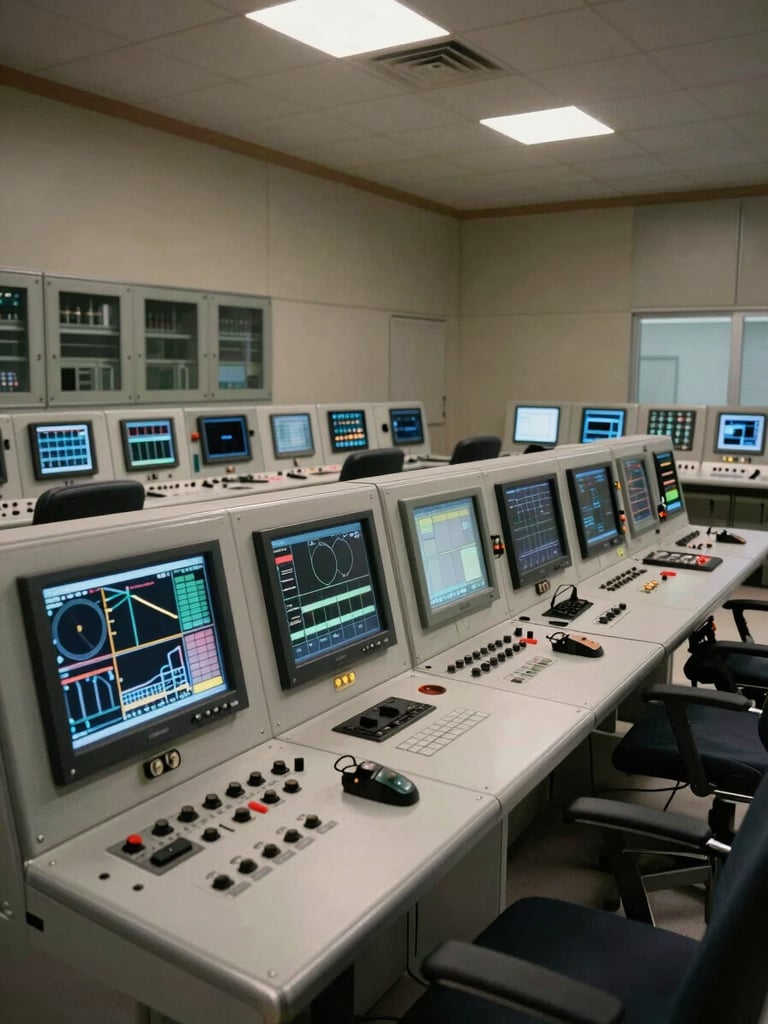 Interior of a power plant control room, analog and digital instrumentation panels active, ambient control-room lighting, angled wide shot showing the full panel array, no personnel