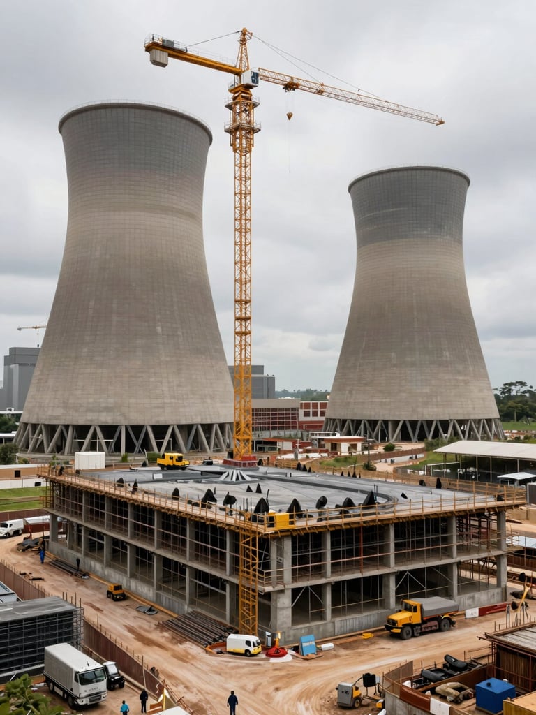 Wide site photograph of a power plant construction site in Central Africa, concrete foundation pours in progress, crane visible in background, overcast conditions, no posed workers, documentary scale
