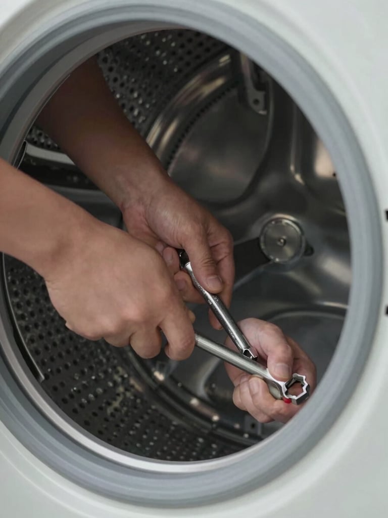 Extreme close-up of a technician's hands tightening a component inside a washing machine drum, a socket wrench gripped firmly, clean window light from the left casting crisp shadows on the metal housing, no faces visible