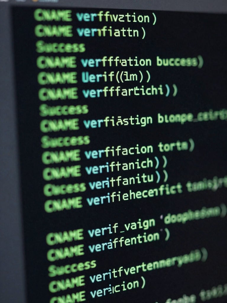 A dark-mode terminal window displaying green CNAME verification success messages, high-contrast cyan digital backlighting, macro focus on code text.