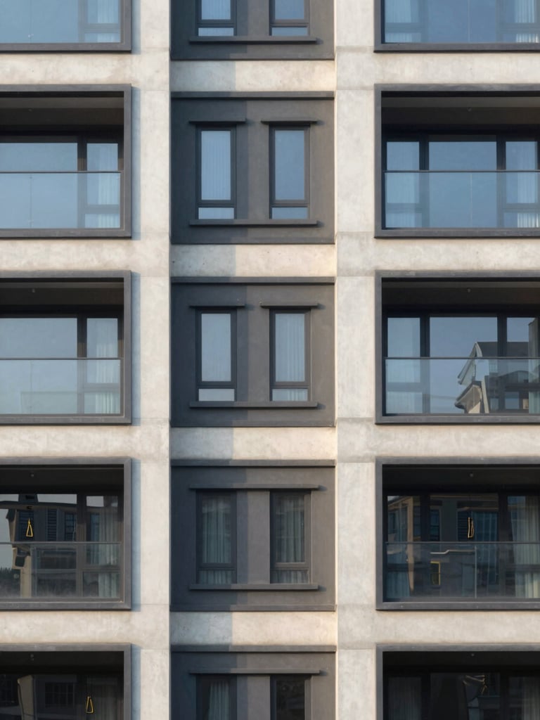 Straight-on elevation of a contemporary residential development facade, showing clean architectural lines, structured concrete panels, and large windows reflecting soft morning daylight.