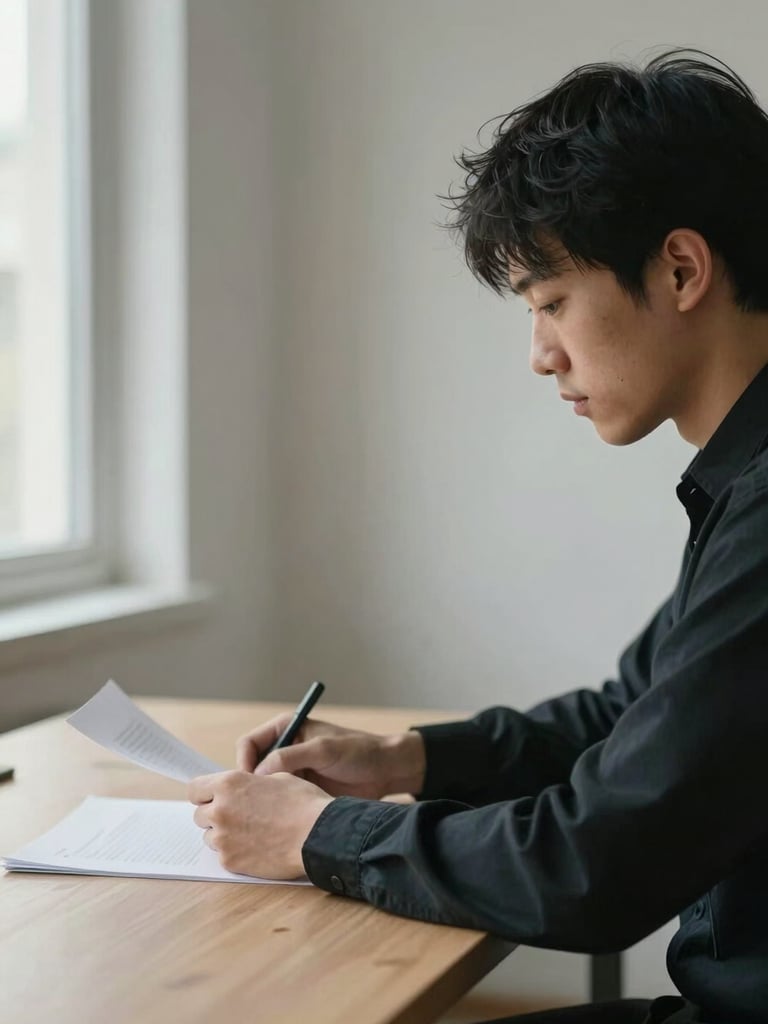 Close side view of a single person in quiet concentration at a minimal desk, hands resting on a document, soft north-facing window light from the left, out-of-focus pale wall behind, no other people present