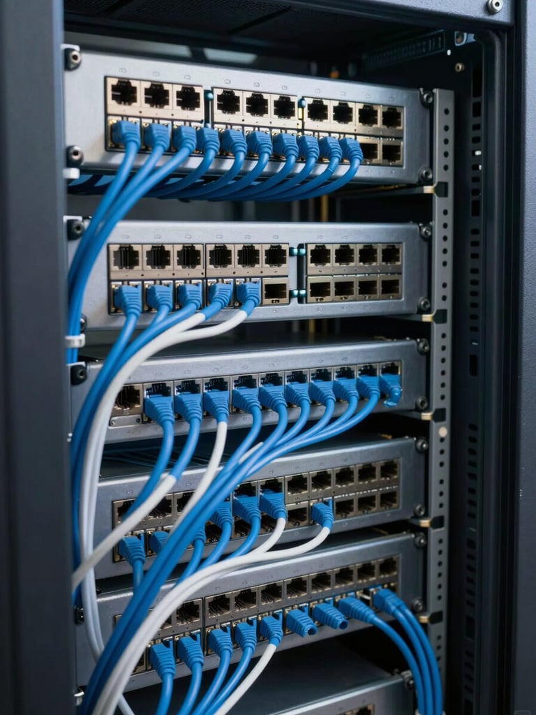 Meticulously organized server rack with clean blue and white ethernet cabling, perfect cable management, soft daylight, sharp focus on data ports