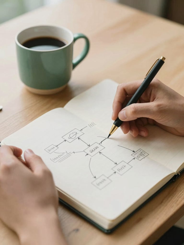 Close-up of hands sketching a high-level system architecture on a paper notebook next to a ceramic coffee mug, warm morning light, minimalist wooden table, shallow depth of field.