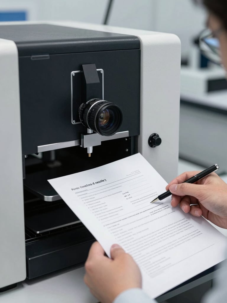 Engineer's hands holding a calibration verification document next to an open XRF machine panel, bright lab lighting, high contrast blacks and whites, focus on the instrument panel and paperwork simultaneously, no face visible