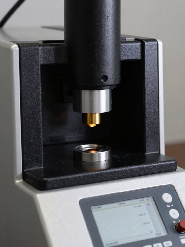 Extreme close-up of an XRF gold testing machine front panel, detector aperture and control interface visible, studio strobe lighting, high contrast black and silver surfaces, no background distractions