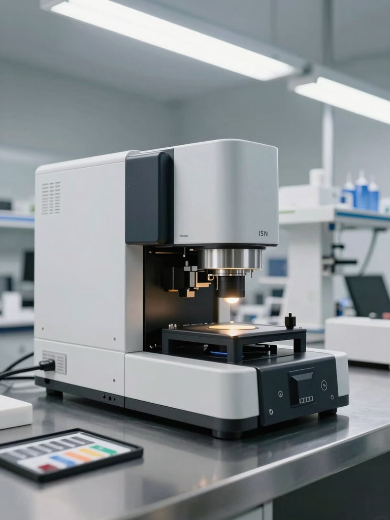 Wide environmental shot of a laboratory setup, full XRF analyzer on a stainless-steel bench during active gold testing, overhead fluorescent lighting, high contrast whites and blacks, calibration reference samples visible on the bench surface