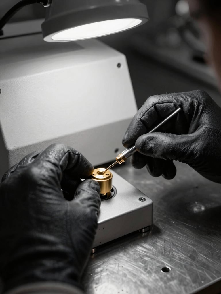 Close-up of an engineer's gloved hands aligning a calibration wand against the sensor port of an XRF gold testing machine on a steel workbench, sharp studio strobe light from above casting hard shadows, black and white tones with metallic glint