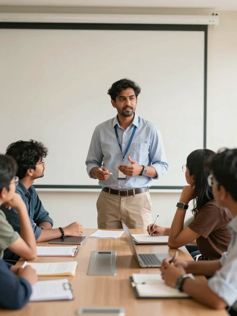 Medium shot of a professional corporate mentor speaking to engaged Indian college students in a bright, modern boardroom setting, warm natural daylight.