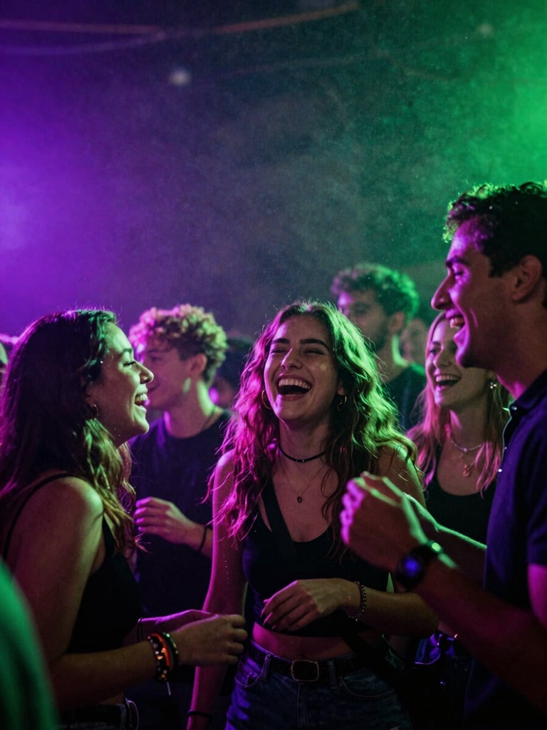 A group of young friends laughing and dancing together under vibrant purple and green festival lights, dust glowing in the air, joyful atmosphere, high contrast
