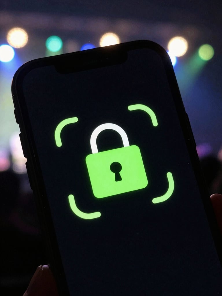 Tight macro shot of a smartphone screen displaying an encrypted secure connection icon, glowing with acid green accents against a dark, out-of-focus background of concert stage lights.