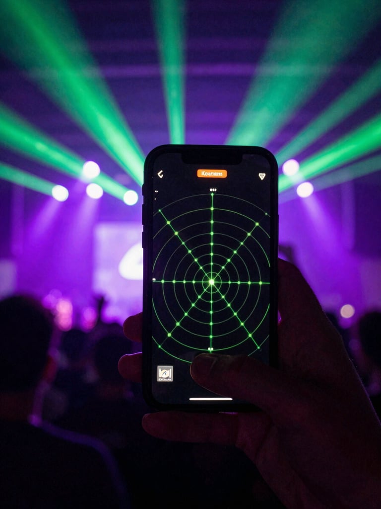 A close-up of a hand holding a smartphone displaying a glowing radar map interface with green dots, dramatic concert lasers and neon purple stage lighting in the background, shallow depth of field, 35mm