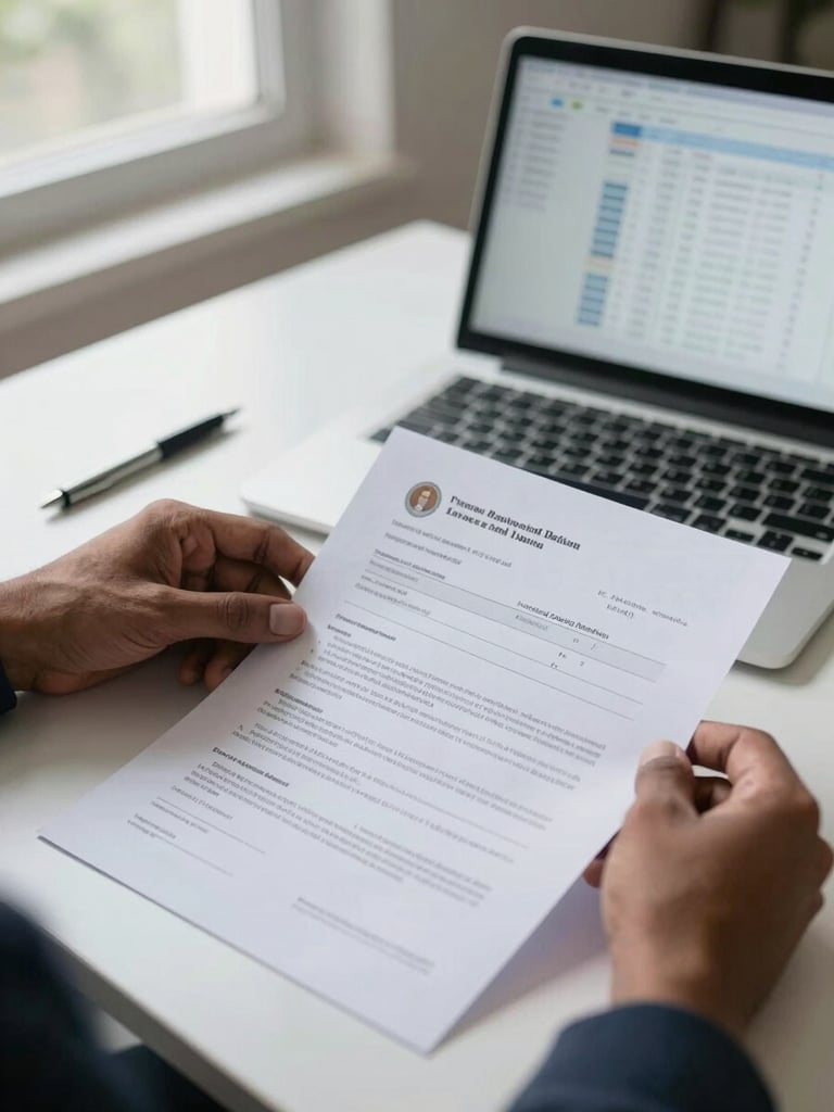 Close-up medium shot of an Indian financial consultant's hands spreading printed loan application documents across a clean desk, pen resting on paper, a laptop open beside them showing a spreadsheet, cool daylight from a window to the left, organized and methodical workspace, no people's faces visible