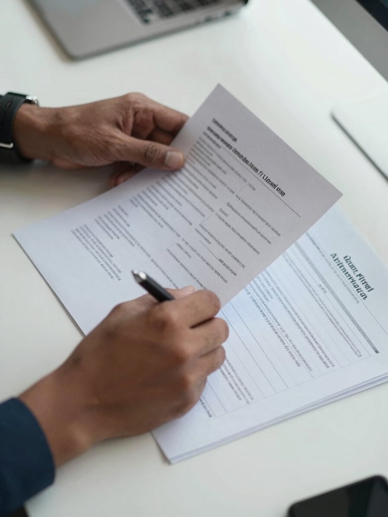 Close-up of Indian professional hands sorting through loan application documents on a clean desk, a pen resting beside a printed eligibility checklist, cool daylight from the right, organized and purposeful