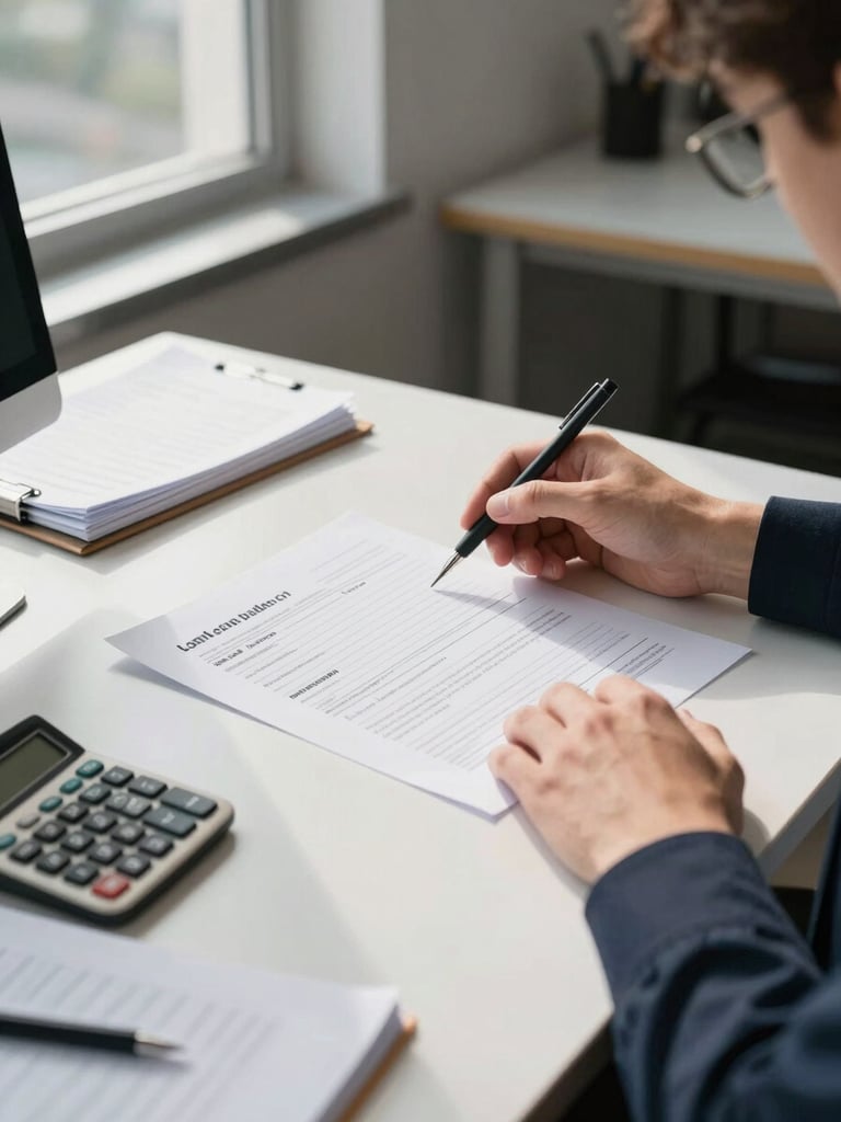 Wide shot from behind a professional at a clean desk, hands open across a printed loan application form, daylight streaming from a left-side office window, organized documents and a calculator visible in the foreground, calm institutional workspace