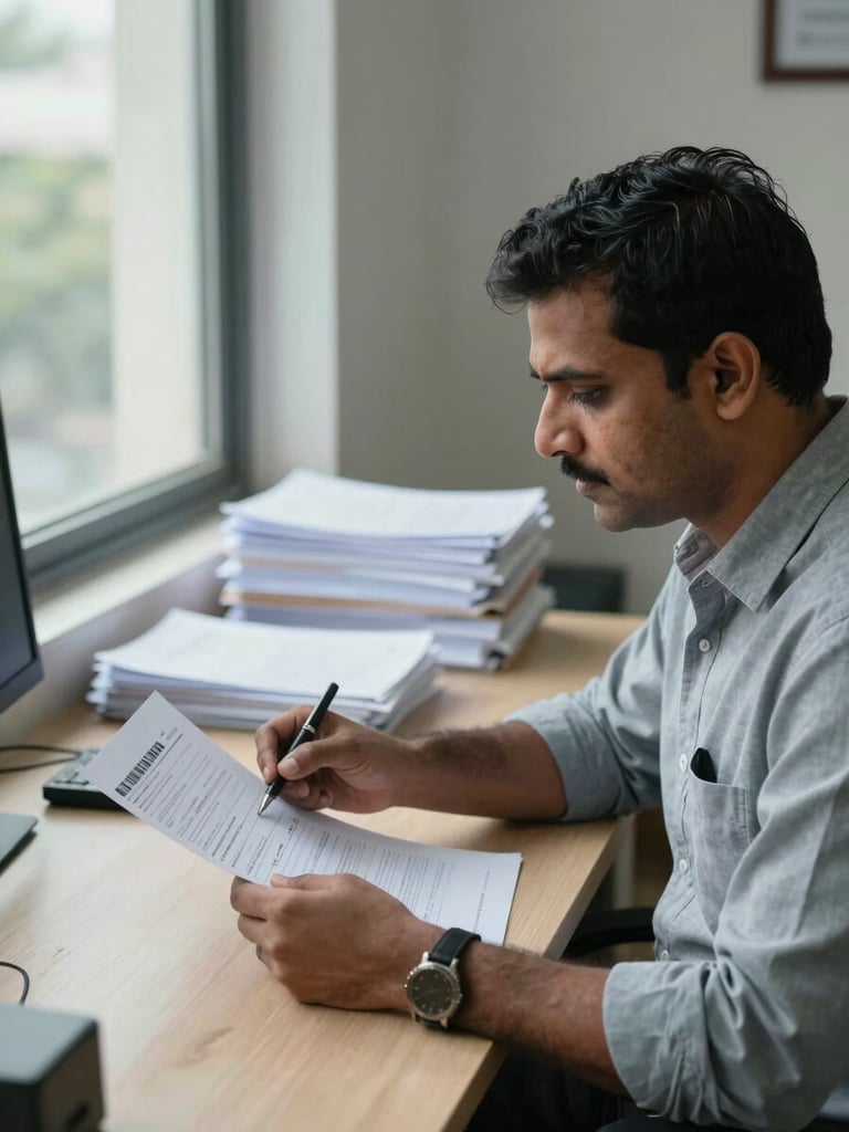 Medium shot of an Indian loan consultant seated at a tidy office desk, reviewing a printed application form under cool daylight from a wide window to the left, stacks of documents visible in the background, calm and focused
