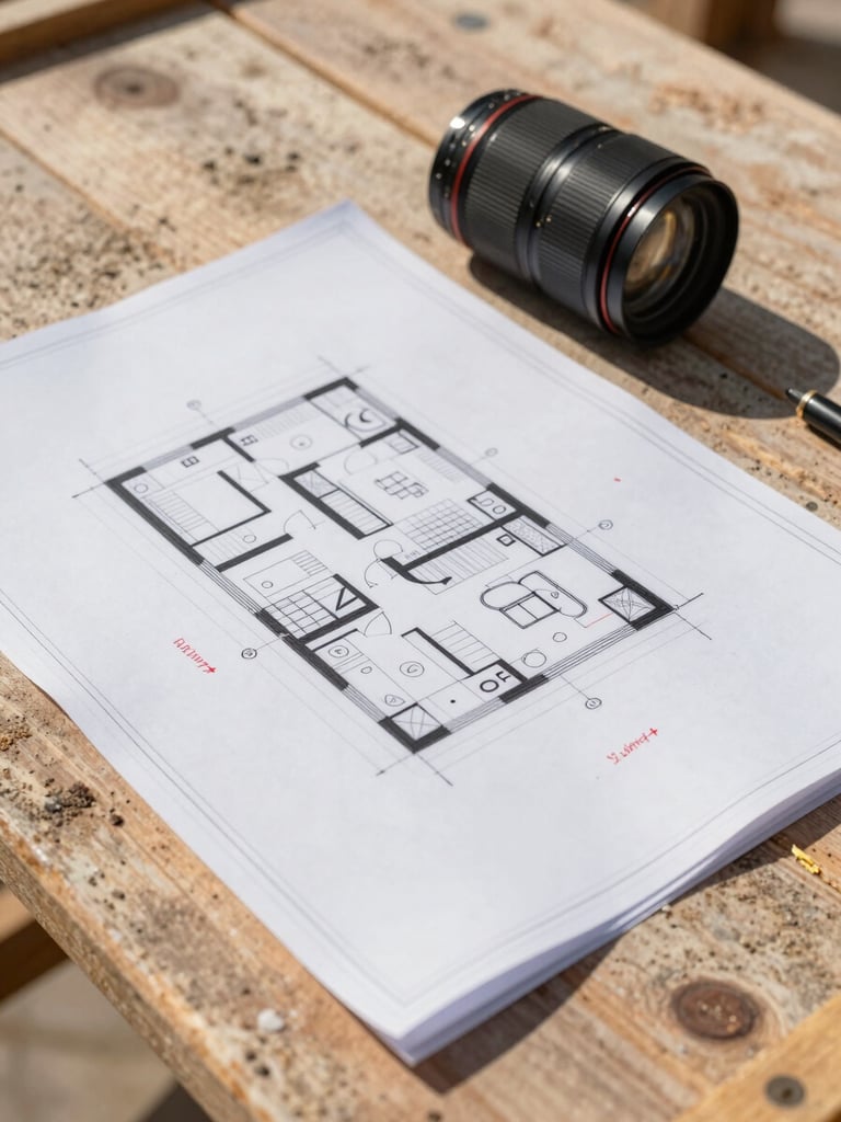 Documentary construction photography, architectural blueprints with red pen annotations lying on a dusty wooden work table, natural daylight, 35mm lens