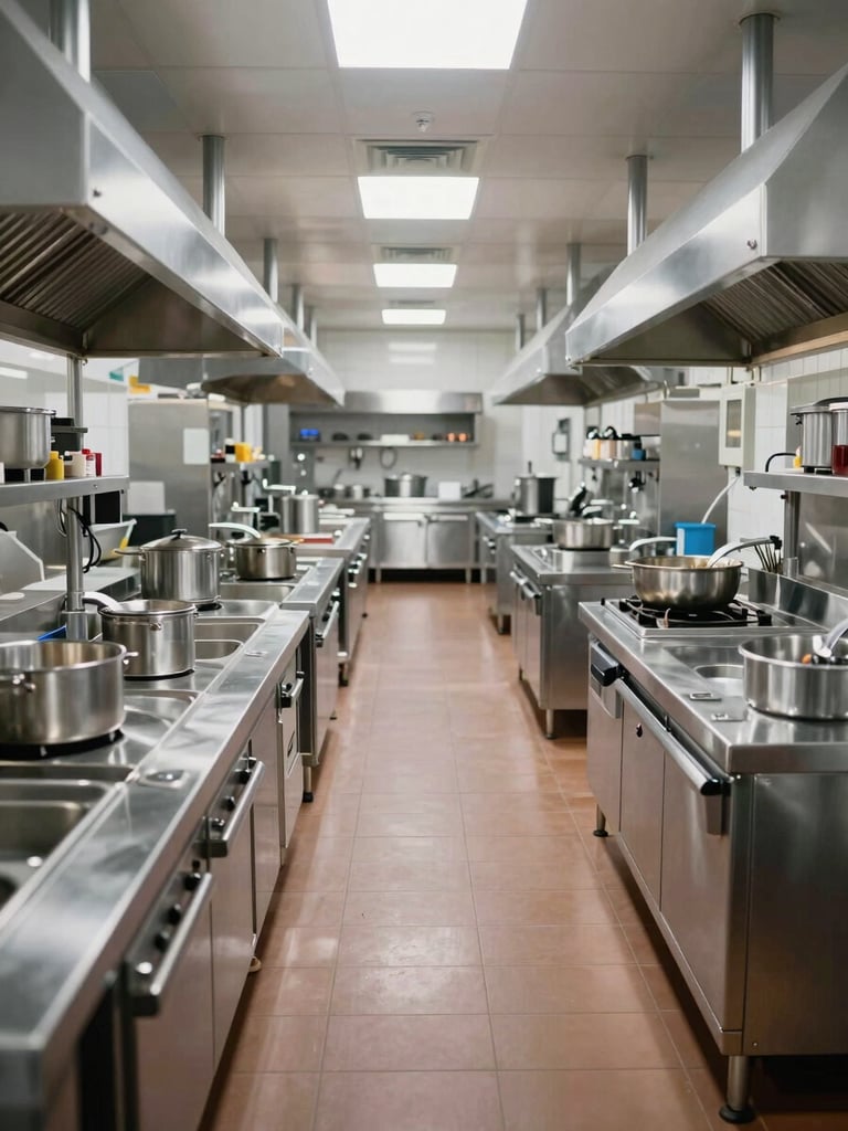 Wide architectural view of a multi-station ghost kitchen facility, clean stainless steel surfaces and organized dispatch counters receding into depth, cool overhead lighting, no people, emphasis on scale and order