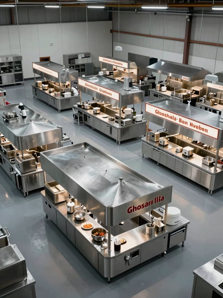 Wide overhead view of a large ghost kitchen facility layout, multiple branded station zones visible from above, cool studio lighting, clean industrial surfaces, no people, emphasis on organized operational scale