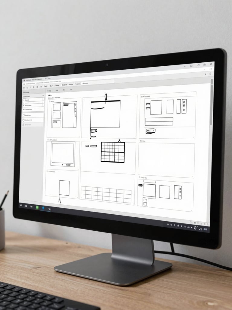 Wide environmental shot of a monitor showing low-fidelity wireframe layouts for a dashboard, hand-drawn annotation marks overlaid on screen, bright even studio lighting, minimal desk visible