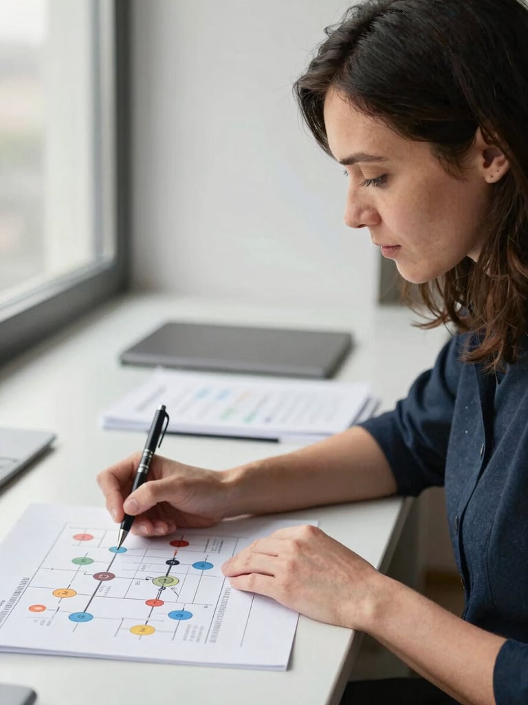 Close-up editorial portrait of a woman UX designer seated at a wide desk, annotating a printed user journey map with a pen, natural north-facing window light falling evenly across her face and the paper, design documentation visible in soft focus behind her, clean studio environment