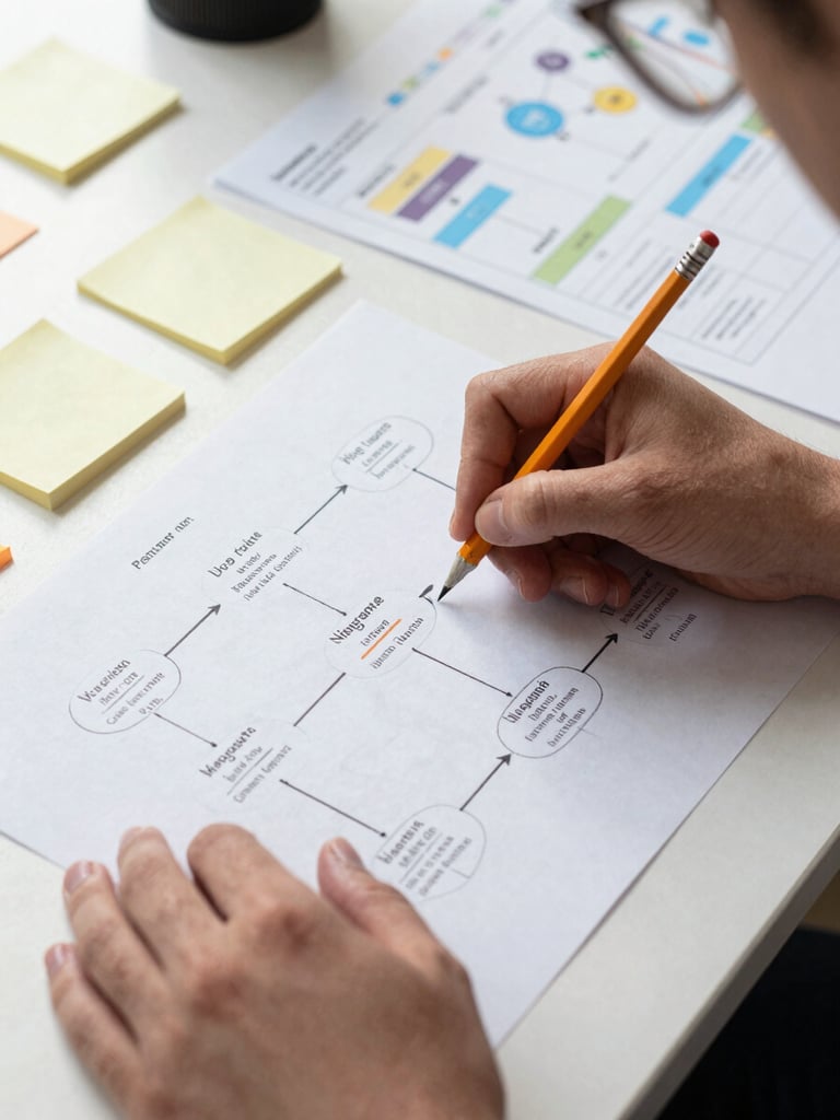 Close-up overhead of a designer's hands annotating a printed user journey map on a light desk, pencil marks visible mid-motion, scattered sticky notes and a system component table in the background, bright even natural light from the left