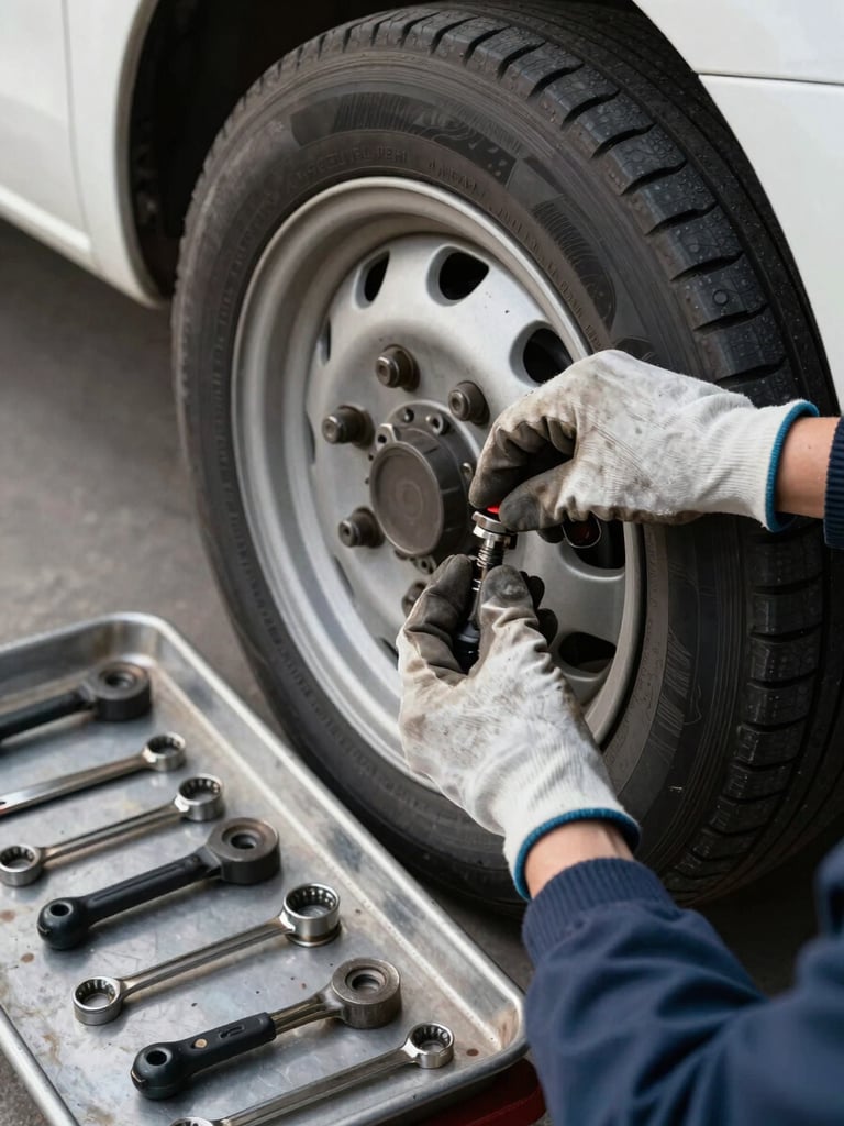 Extreme close-up overhead shot of a mechanic's hands in worn gloves tightening a wheel bolt on a commercial vehicle in a clean workshop under north-facing daylight, tools laid in precise order on a metal tray beside the wheel