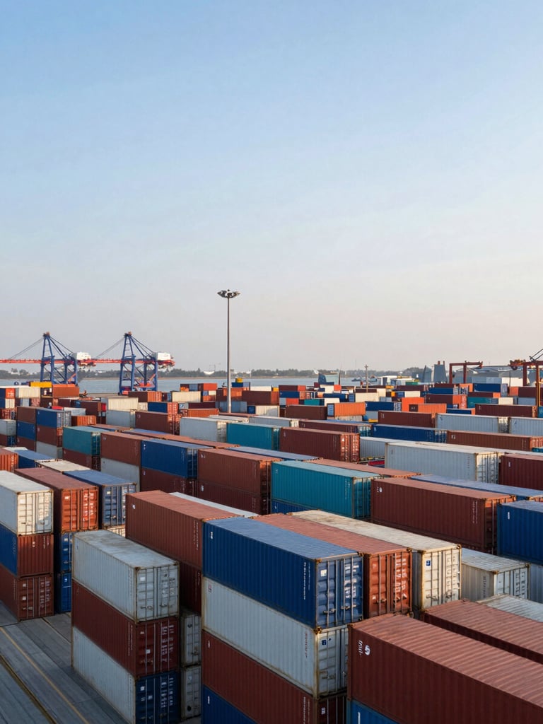 Wide panoramic view of an organized container port at dawn, stacked shipping containers in precise rows extending to the left third, cool natural light with sharp focus, no warmth filter, industrial clarity