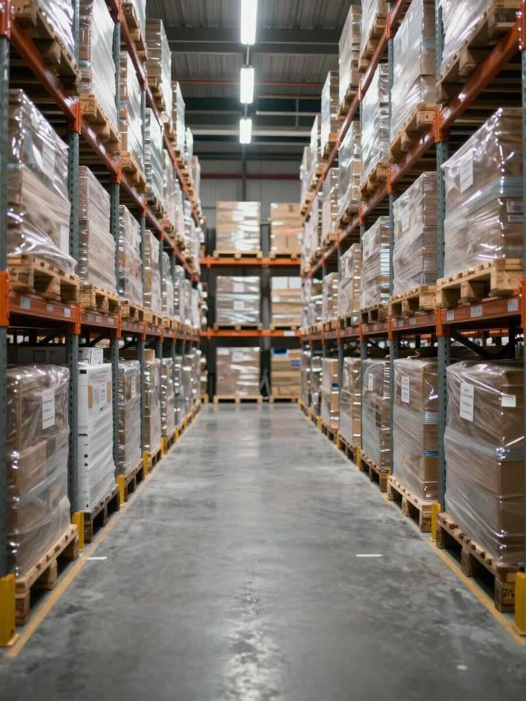 Wide interior of a large distribution warehouse, floor-level perspective showing organised pallet rows receding into depth, neutral fluorescent lighting, sharp focus on logistics labels and racking structure, no staff present