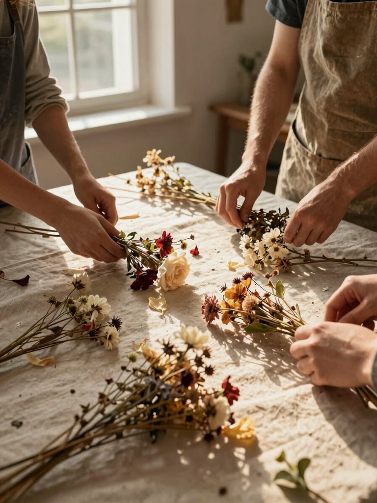 Wide-angle candid of a small family flower studio: hands arranging dried stems on a rough linen surface, golden-hour light through a side window catching the petals, a worn apron in the frame edge, no faces visible — all texture and warmth