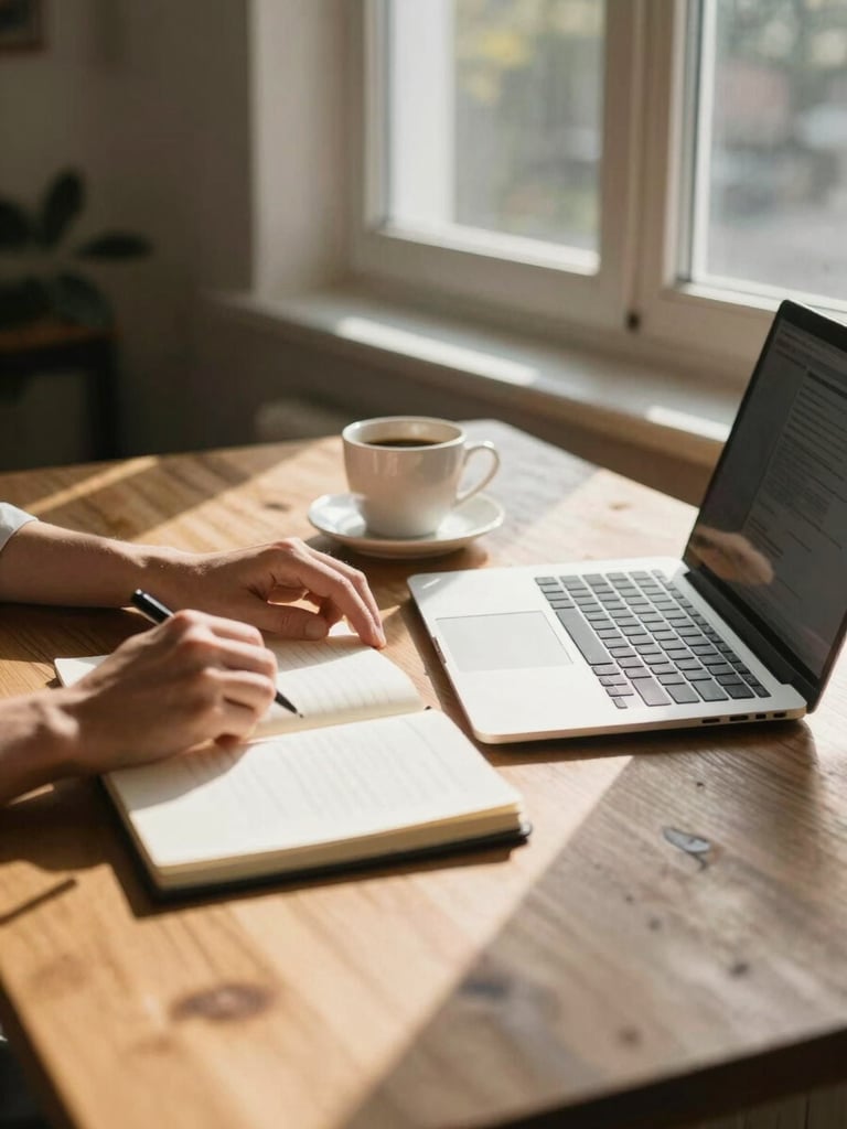 Wide environmental shot of a sunlit home workspace — a wooden desk near a north-facing window, coffee cup mid-session, notebook open, hands resting near a laptop keyboard, afternoon light casting long shadows across the surface, warm and unhurried