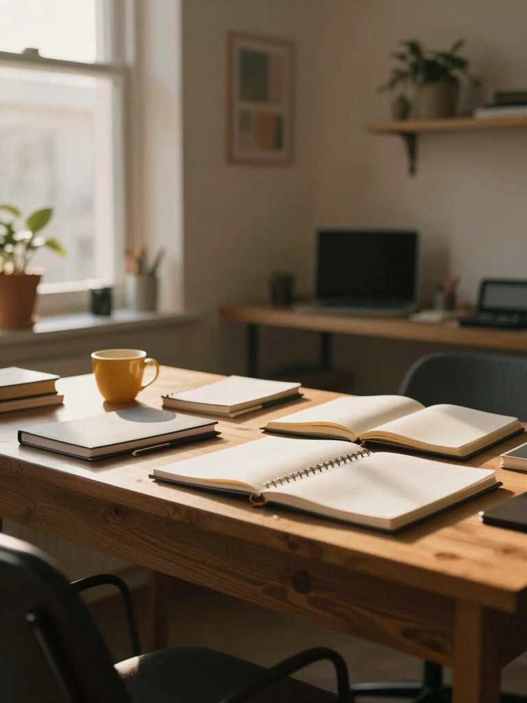 Wide environmental shot of a small creative studio at golden hour — a wooden desk scattered with notebooks and a warm coffee cup, soft north-facing light raking across the surface, no person present, the room itself telling the story of someone who works there with intention