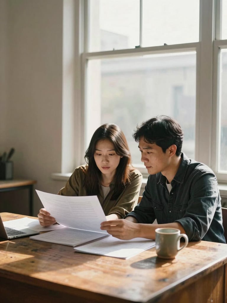 Environmental portrait, wide frame: a couple reviewing something together at a worn oak desk near a large north-facing window, afternoon light spilling across papers and a ceramic mug, warm and unhurried, candid — neither looking at camera