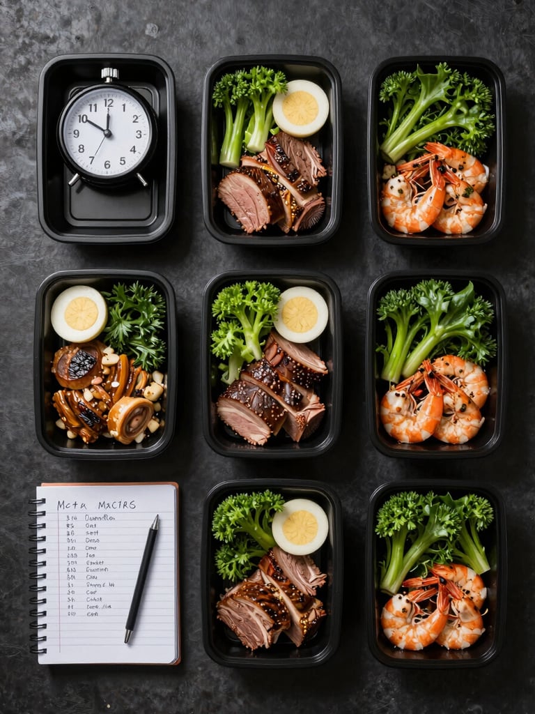 Overhead flat-lay of a precise meal prep arrangement on a dark matte surface: portioned proteins, measured greens, a timer and notebook with handwritten macros, sharp studio strobe lighting with hard shadows, clinical and exact composition