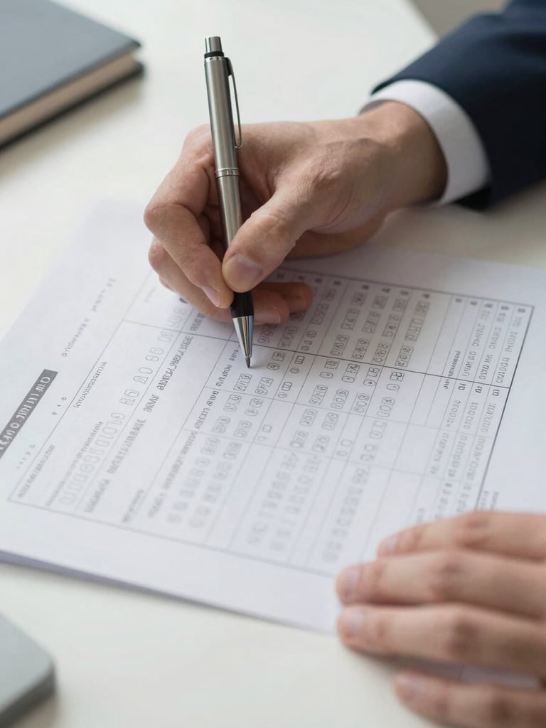 Professional hand holding a pen over structured administrative forms on a clean desk, soft natural daylight, sharp focus on the document.
