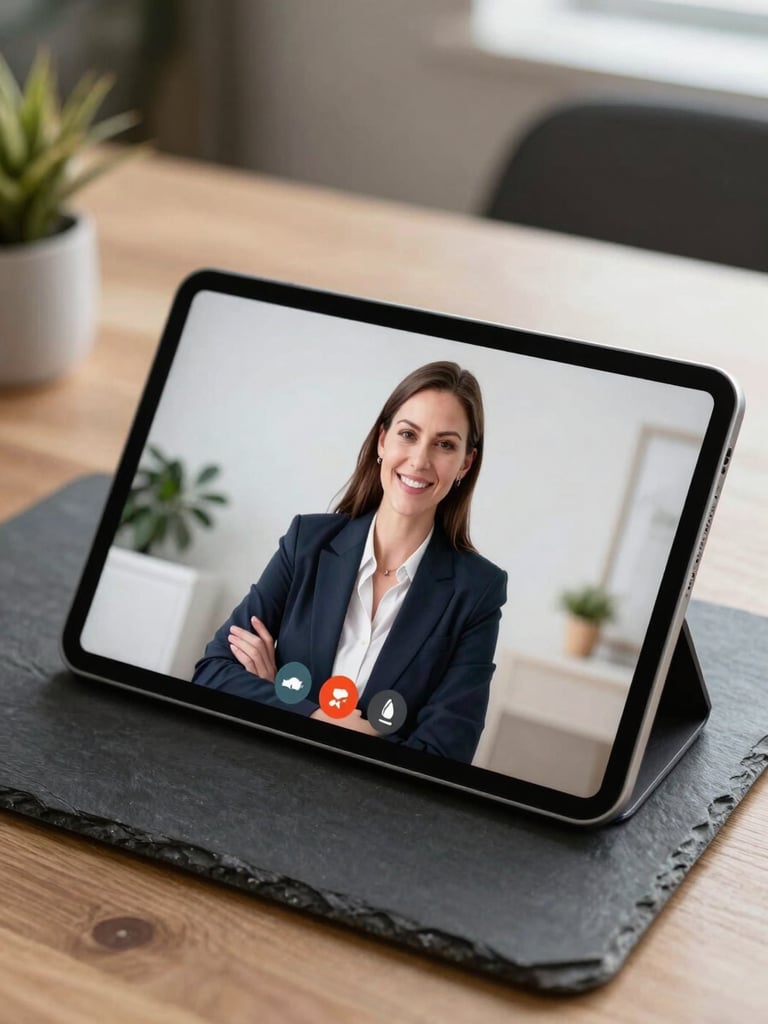 A clean modern tablet on a slate desk displaying an active video-call screen with a professional consultant, bright daylight, sharp focus.