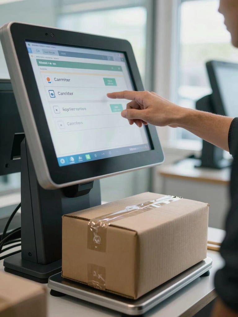 Close-up of hands selecting a carrier option on a bright touchscreen kiosk display, a cardboard package resting on the weigh scale below, daylight from a nearby window, cool functional interior background