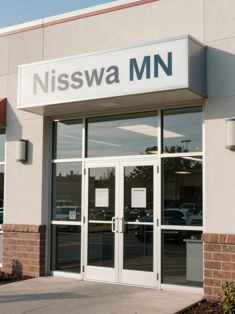 Close exterior angle of a shipping center entry in Nisswa MN at midday, kiosk visible through the glass door, clean signage, natural daylight casting soft shadows on the facade, functional and clear, no people