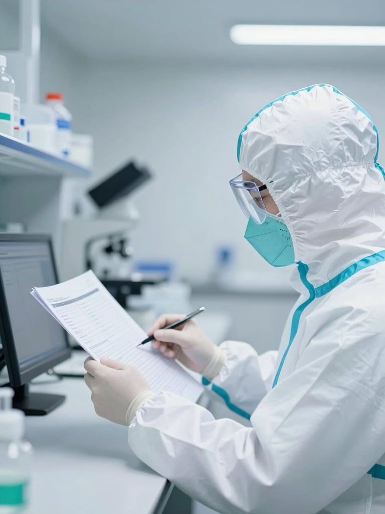 Clinical pharmaceutical photography, bright high-key laboratory, scientist in full cleanroom PPE reviewing technical documentation on a screen, sterile white and teal tones, 50mm