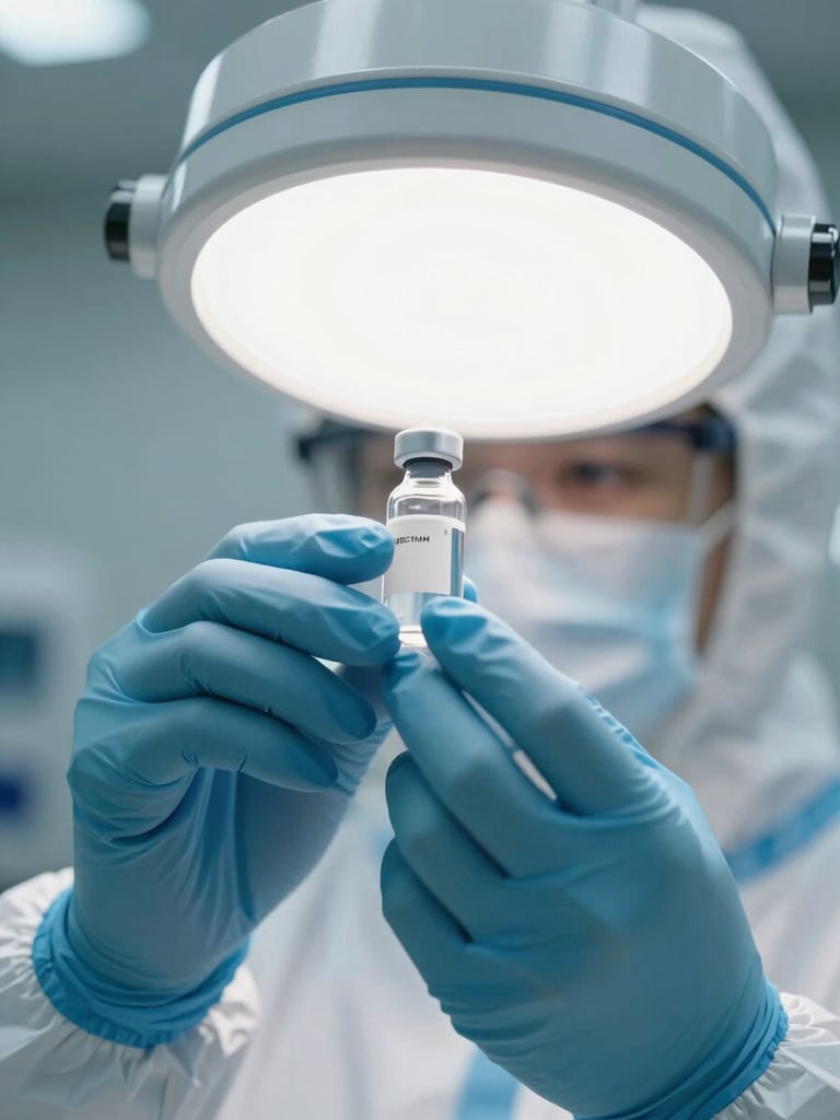 Close-up of a pharmaceutical scientist in full cleanroom PPE analyzing a sterile vial under bright clinical white light, 50mm