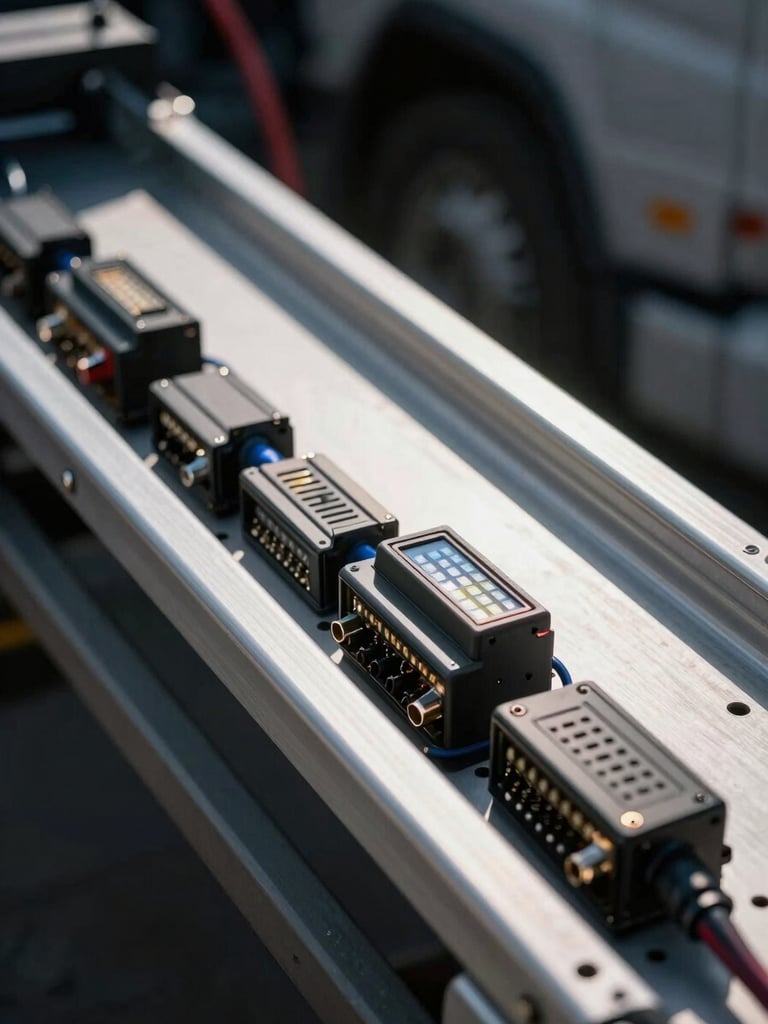 Extreme close-up of truck-mounted ECU tuning rack: aluminium rails with cable management channels, OBD interfaces and diagnostic modules in slots, cool LED work light casting sharp shadows on connector pins, no person visible, industrial-clinical framing from a 45-degree angle