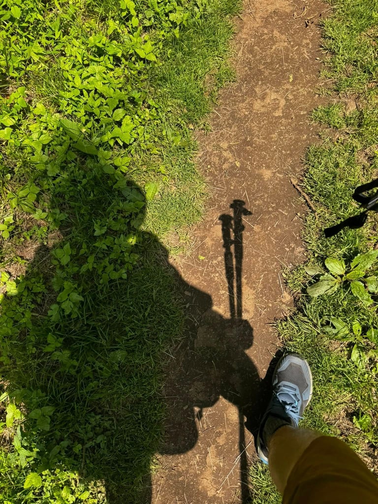 Sponge's shadow is pictured, complete with his hat and hiking poles visible.