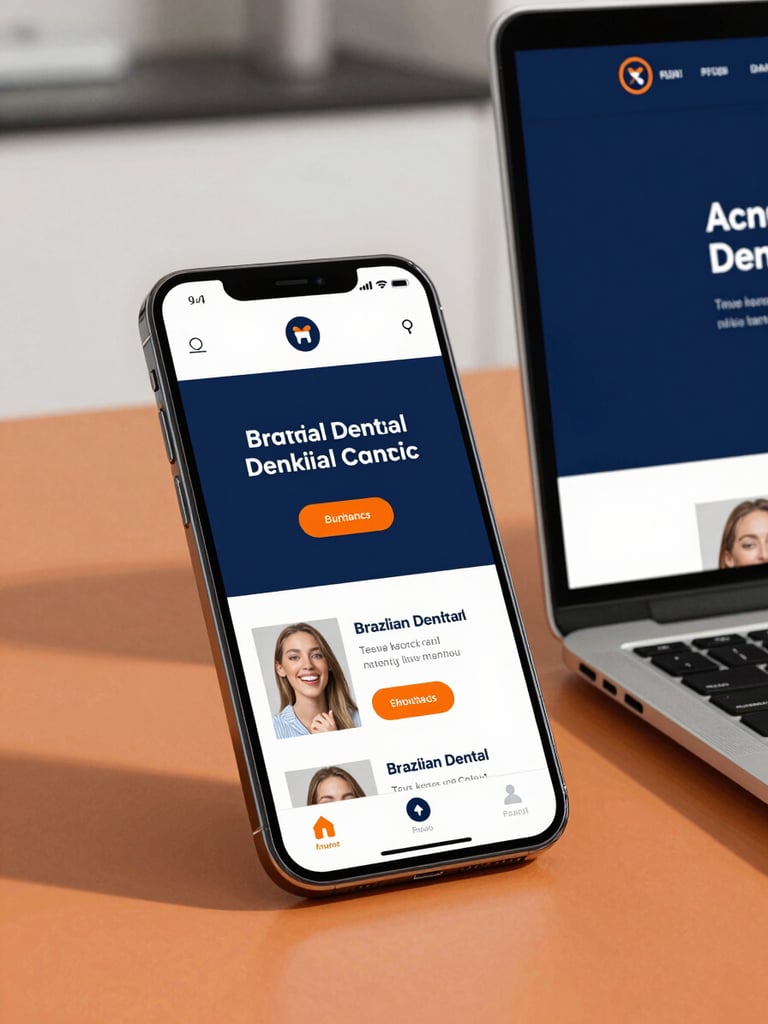 A high-fidelity mockup of a modern Brazilian dental clinic website displayed on a sleek smartphone and a laptop, vibrant lighting, high-contrast navy and orange accents, realistic shadows.