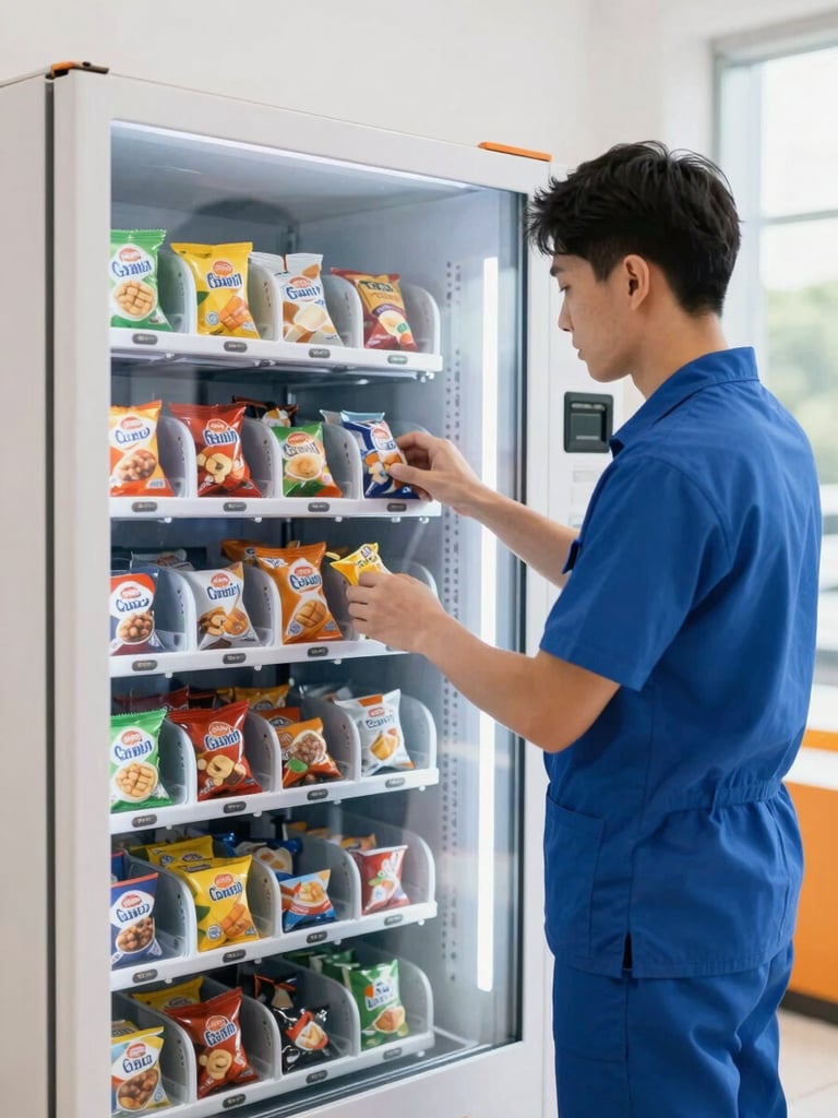 A professional vending technician in a clean blue uniform neatly organizing snack rows inside a modern glass-front vending machine, bright indoor daylight, sharp focus, 35mm