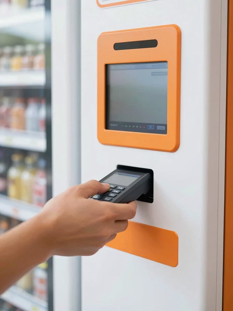 Close-up of a hand using contactless tap-to-pay on a modern clean vending machine screen, bright natural indoor daylight, crisp focus