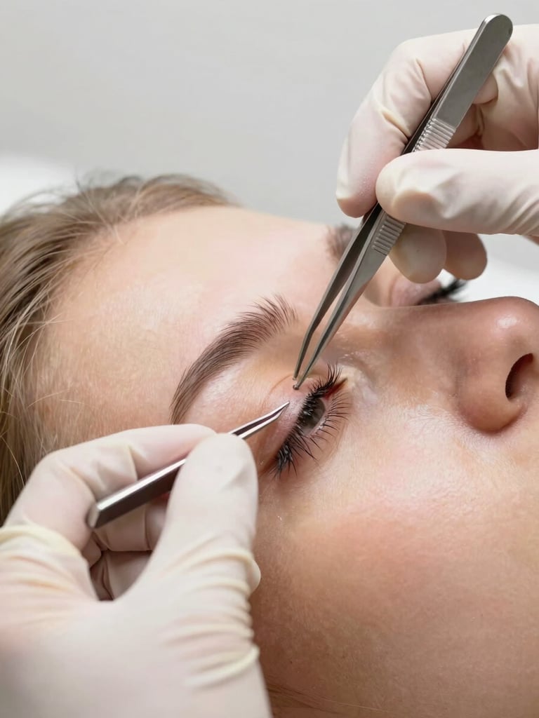 Close-up portrait framing of two hands in latex gloves holding precision tweezers near a client's closed eye under warm-white studio light, individual lash extensions fanned out and visible in sharp focus, clean white studio background