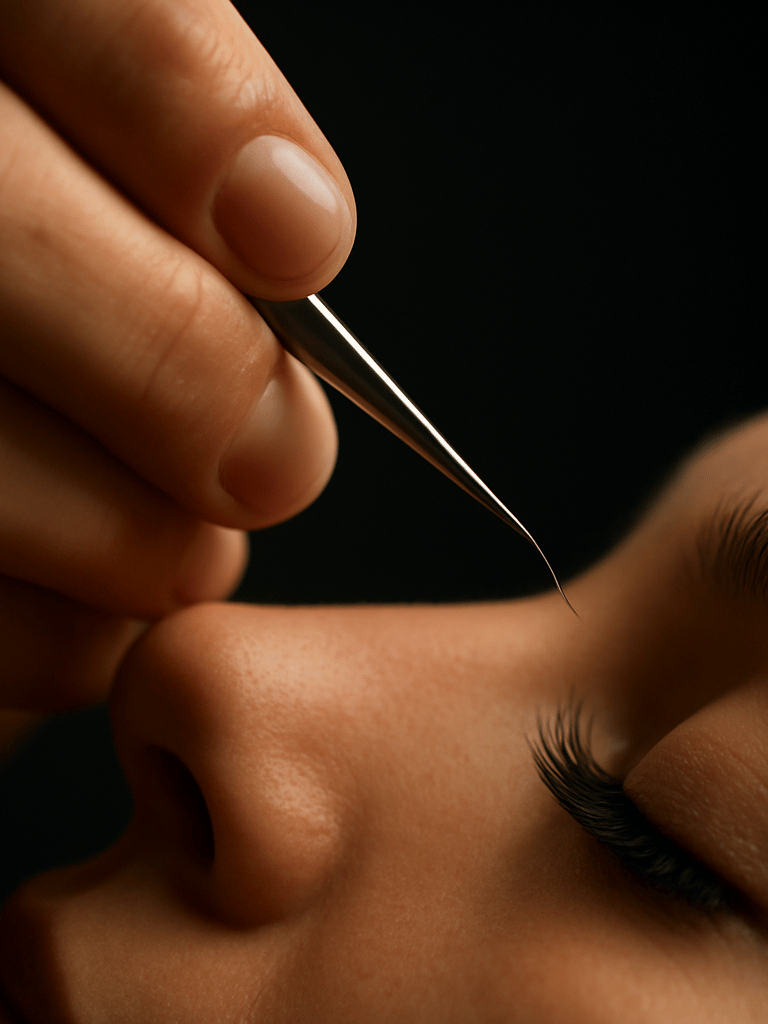 Extreme close-up, left-bleed composition: Salma's hands holding precision tweezers placing a single lash strand onto a client's lash line, warm-white studio light falling across her fingers from the left, the eye centered in the lower third of the frame, dark background behind the eye fading to black at the right edge
