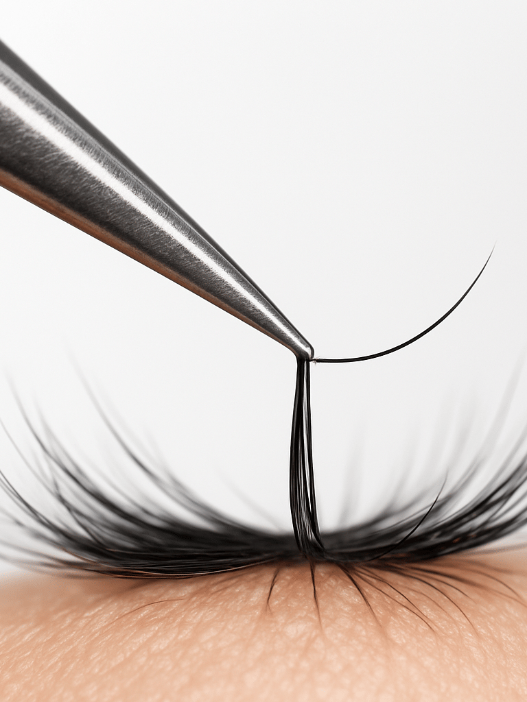 Extreme macro close-up of a stainless steel tweezer tip placing a single synthetic lash strand onto a natural lash, bright studio strobe lighting illuminating fine lash detail, shot straight-on against a clean white studio background, sharp focus on the placement point