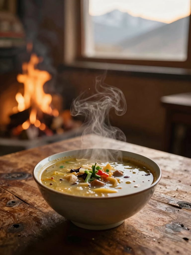 Steaming bowl of traditional Ladakhi skyu soup served on a rustic wooden table, warm indoor firelight, rich earthy tones, cozy editorial photography
