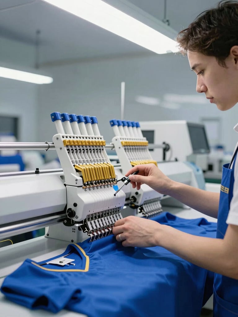 A focused technician calibrating an industrial multi-head embroidery machine in a clean, modern workshop, bright directional light illuminating royal blue garments on the line.